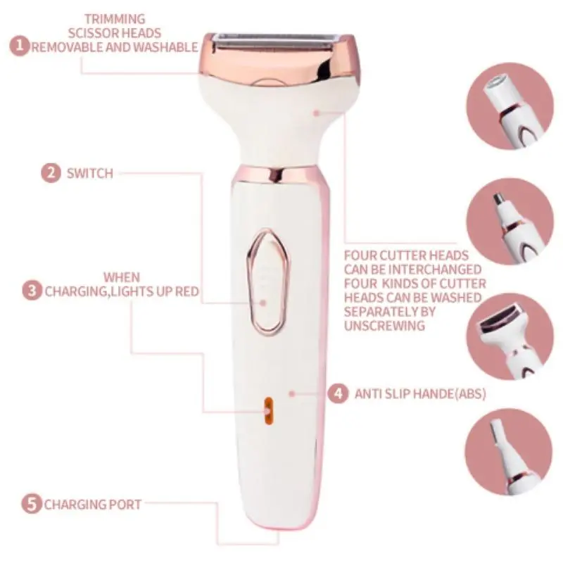 4 in 1 Electric Shaver, Rechargeable Women's Hair Trimmer Set, Wet and Dry Cordless Epilator for Eyebrows, Nose, Face, Legs, Underarms, Bikini, Facial, Shaving Products 5
