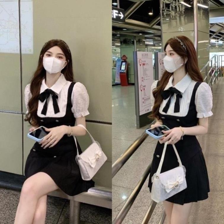 (Bán sỉ/ Ảnh thật): Váy Đen Phối Cổ Sơ mi Kèm Nơ Tiểu Thư, Váy Bánh Bèo Siêu Xinh Có Ảnh Thật