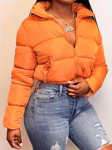 Women's Solid Drawstring Pocket Zipper Hooded Winter Coat, Casual Thermal Long Sleeve Crop Outerwear for Fall & Winter, Women's Clothes for Daily Wear