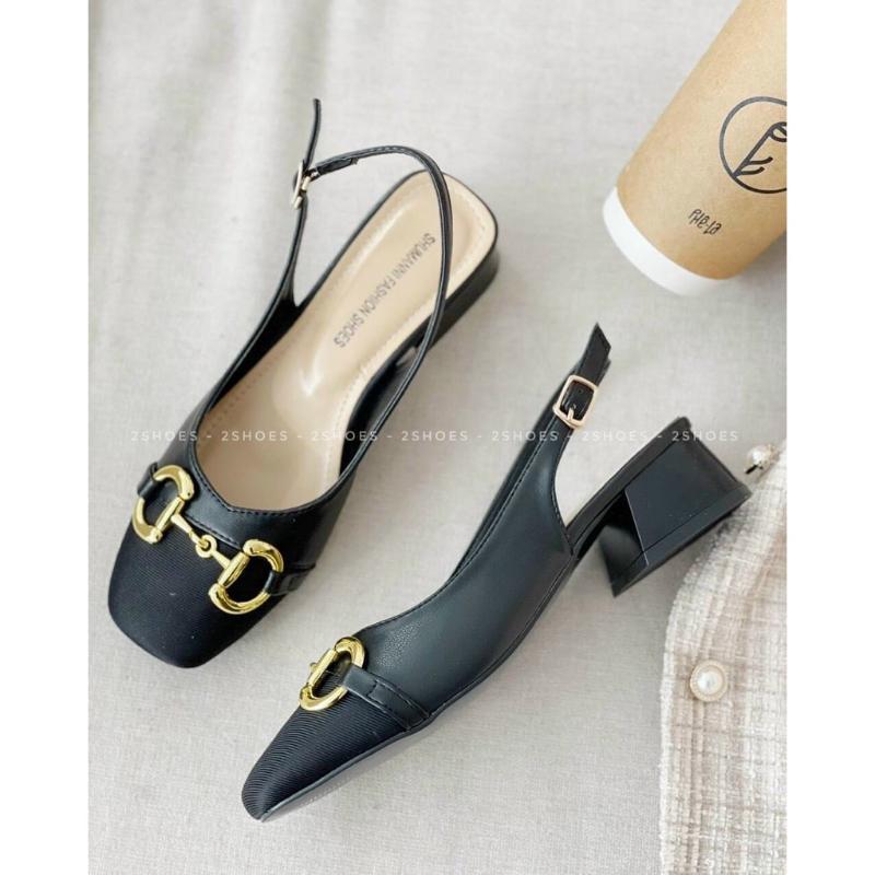 Giày sandal dáng slingback nữ mũi tròn phối khoá xinh xắn đế 3cm 2 màu đen trắng phong cách công sở nữ tính - Mã G55 DéP Shoes Cao Su 3