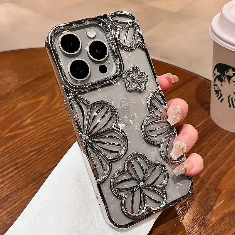 High quality electroplated three-dimensional flower phone case for iPhone 16 11 12 13 14  15 Pro Max  16 plus Anti drop lens protection soft casing phone protective case 4