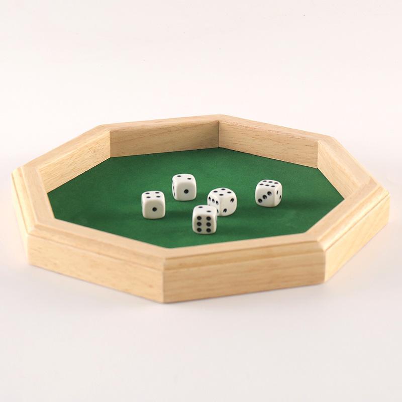 Product Introduction of Wooden Octagonal Dice Tray, 1 Count Dice Tray with 5 Dice, Fun Family Toy, Party Board Game, Adult Bar Dice Game 7