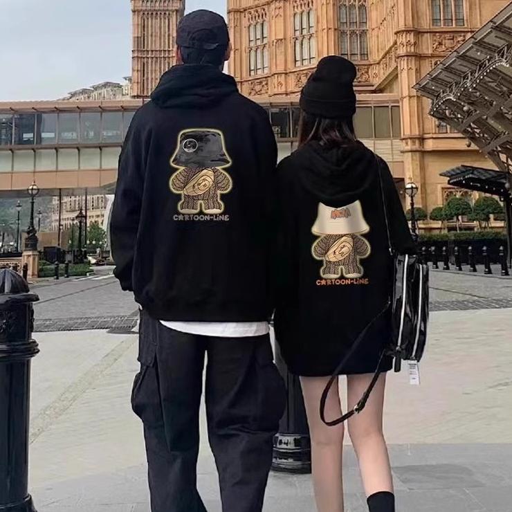   Tặng CertificateLove  Áo đôi mùa đông sweater cổ tròn nỉ bông dài tay nam nữ unisex fom rộng hoodie có mũ hàn quốc Gấu Đội Mũ Cartoon Line A207 Thun Cotton Menswear 