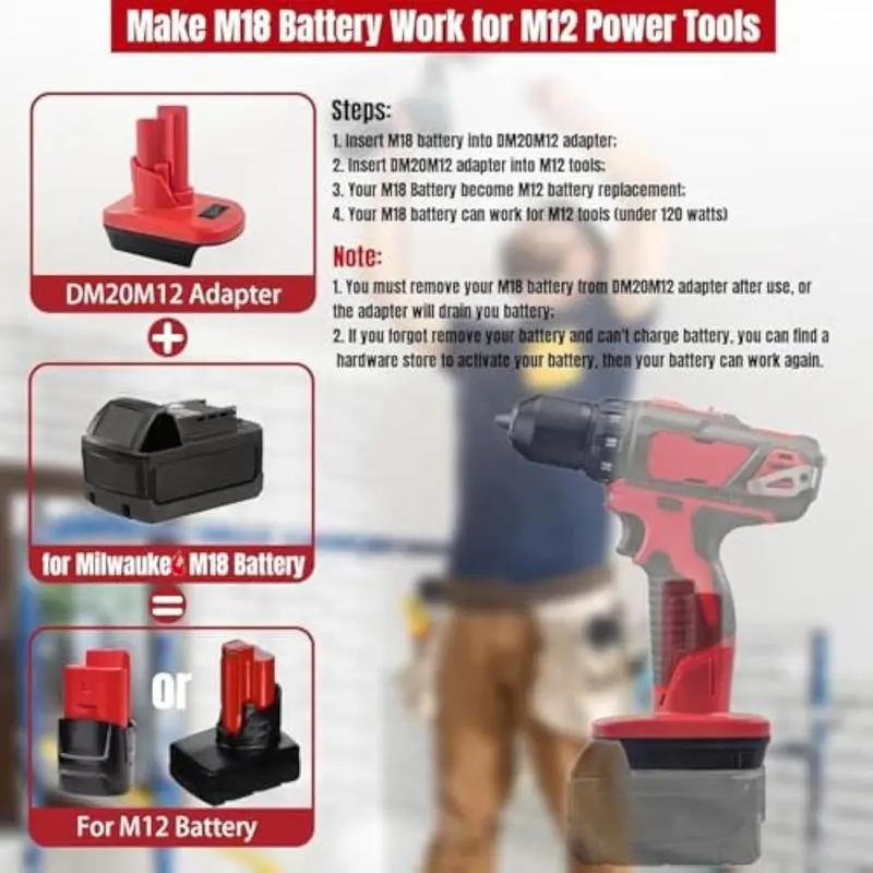 Dewalt 20V & Milwaukee M18 to M12 BatteryAdapter: Extend Tool Life with DM18M12, DurableABS, Not for Charging - 6 Months Warranty 20vbatteries 6