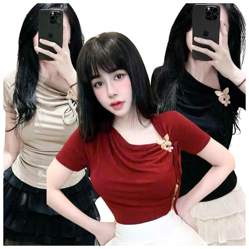 ÁO THUN NỮ TAY NGẮN VẢI NHŨ MỎNG THIẾT KẾ LỆCH VAI KÈM NƠ BƯỚM XINH  Women Voi Top