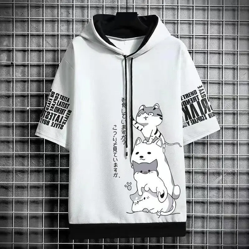 Man Fashion Summer Cotton Short Sleeve Hooded T Shirts Harajuku Cartoon Anime Shirt Streetwear Tees Casual Men Clothing Top suit