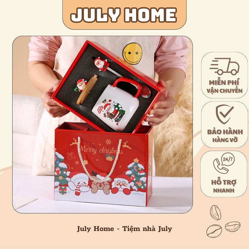 CỐC GIÁNG SINH Hộp quà tặng cốc Giáng sinh Mery Christmas tặng kèm thiệp thìa nắp gỗ dung tích 350ml