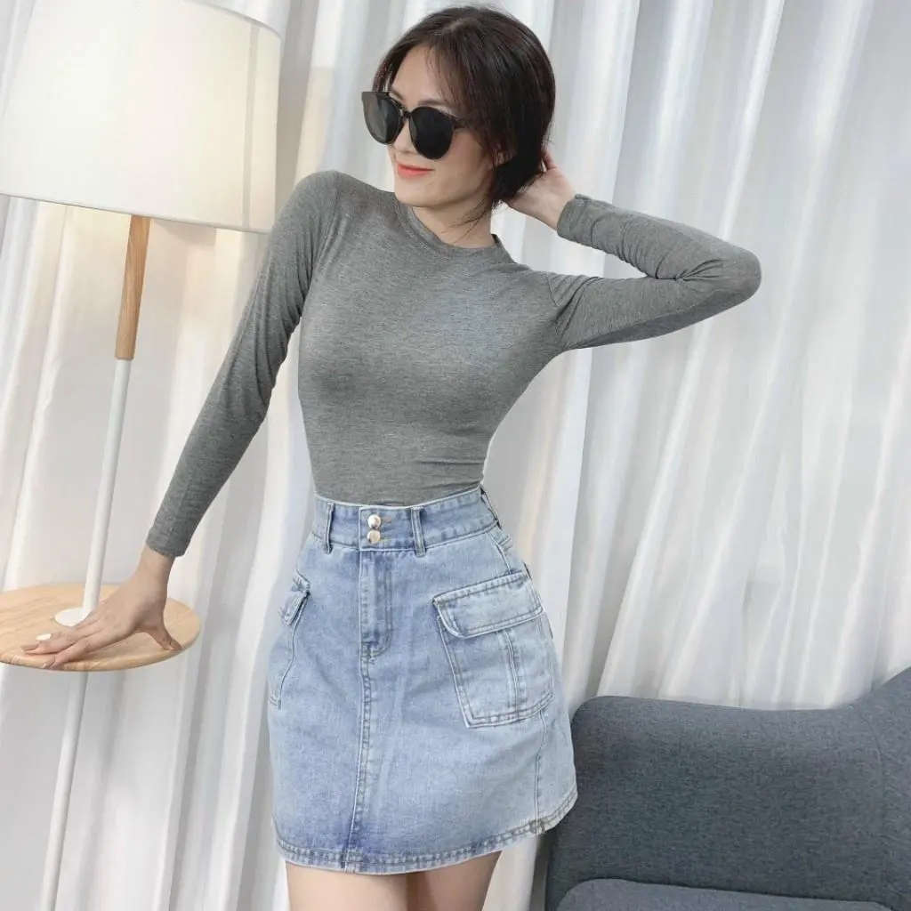 Áo thun nữ body tay dài cổ tròn 40-55kg _ Chất Thun lụa Mỏng mát, Mềm mại, Co giản Women