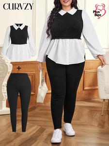 Curvzy Plus Size Two-piece Set 2 in 1 Colorblock Button Front Top & Solid Skinny Pants Set, Casual Bishop Sleeve Collared Top & Trousers, Women's Spring & Fall Clothes, Womenswear