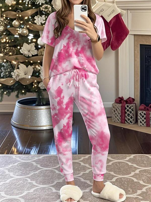 Women's Tie Dye Print Tee & Pants Pajama Two-piece Set, Casual Comfy Short Sleeve T-shirt & Trousers Pj Set, Ladies Sleepwear for All Seasons 8