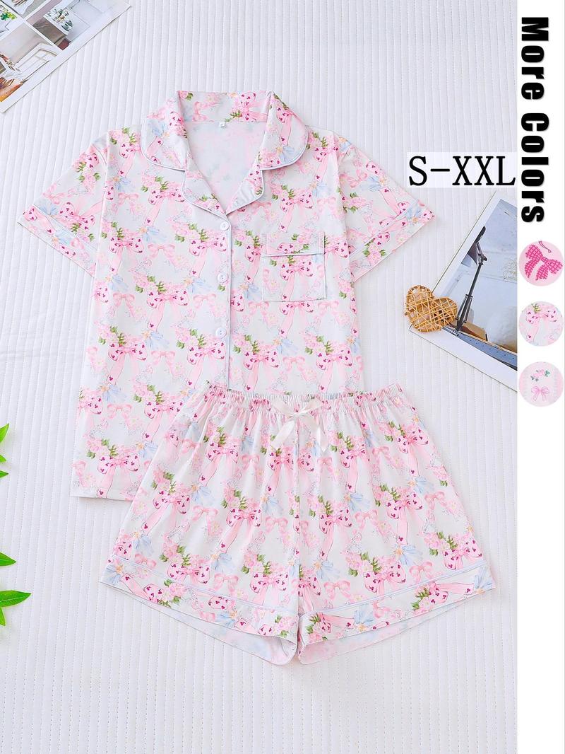 Product Introduction of Two-piece Set Women's All Over Bow Print Pocket Button Front Shirt & Bow Decor Shorts Pyjama, Casual Comfy Short Sleeve Lapel Top & Elastic Waist Shorts Pj Set, Ladies Summer Sleepwear, Summer Friday Set, Sleep Sets, Pajamas 2