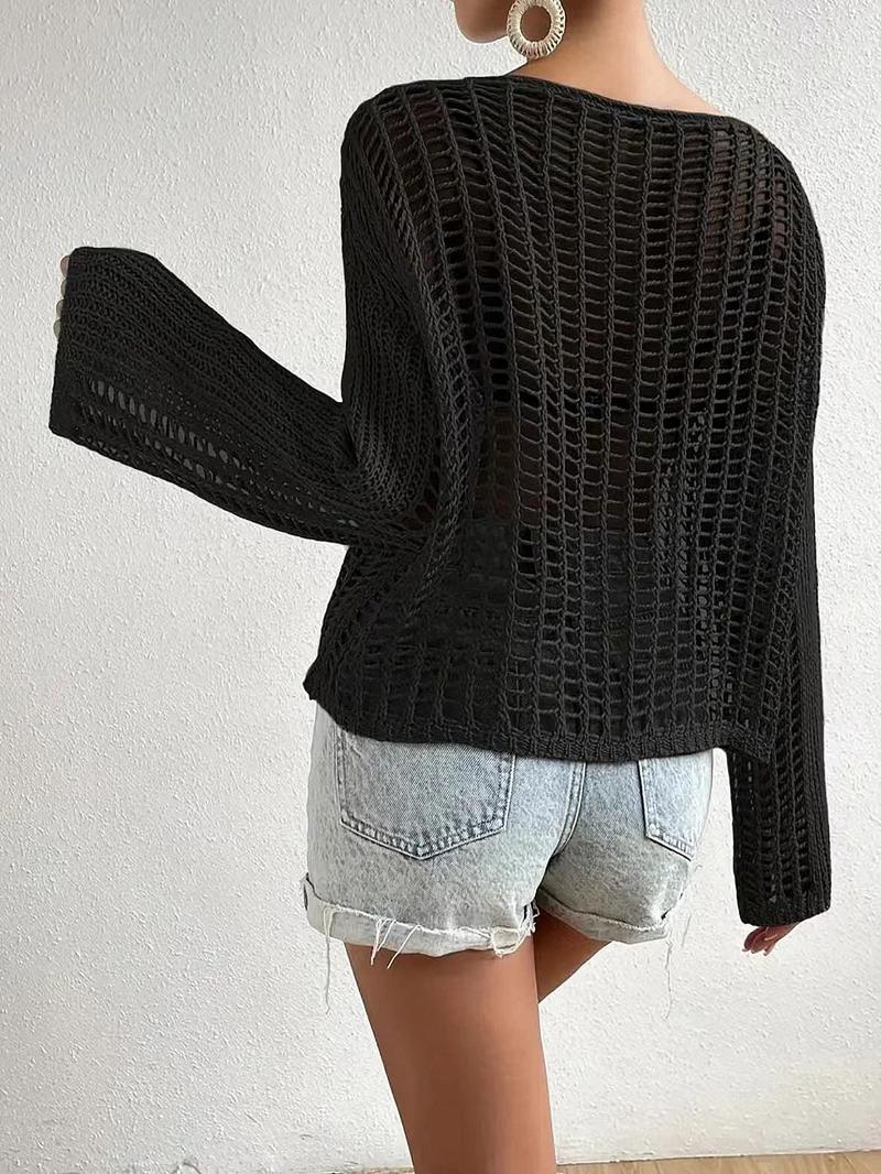 Product Introduction of Women's Plain Hollow Out Pocket Sheer Drop Shoulder Sweater, Casual Long Sleeve Crochet Jumper for Summer, Fashion Women's Knitwear for Daily Wear 6