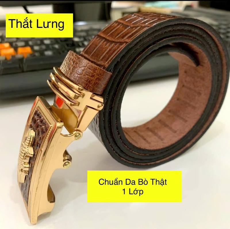 Top Thắt Lưng Nam Cao Cấp Nâu Đậm Da Bò 1 Lớp Dập Vân Cá Sấu Mặt Khóa Tự Động Vàng Andromeda Bản 3,4cm Nam Châm Da Bền Cao Su dâ y _ n ị t