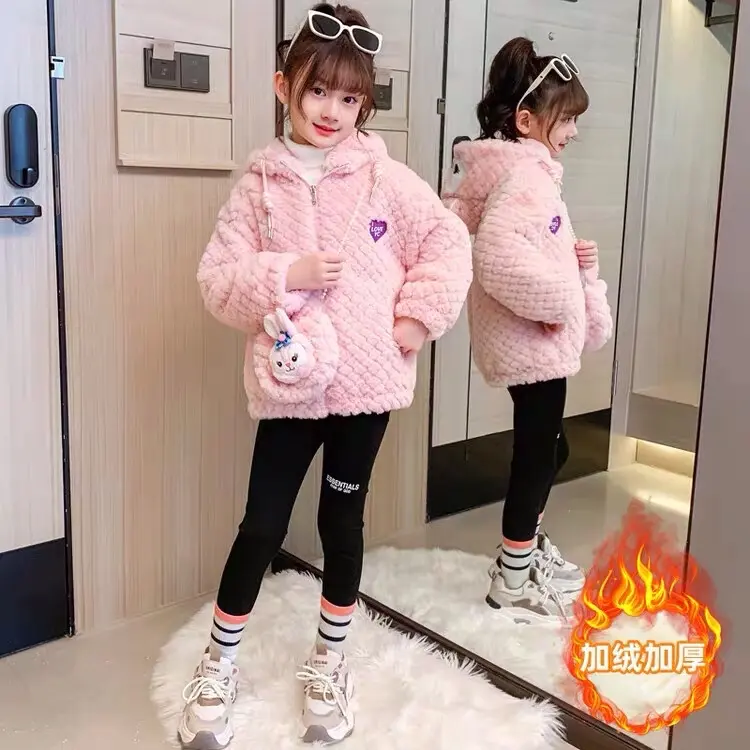 áo khoác lông dài tay tai thỏ kèm túi cho bé gái size 8-16kg Kem Jacket 1