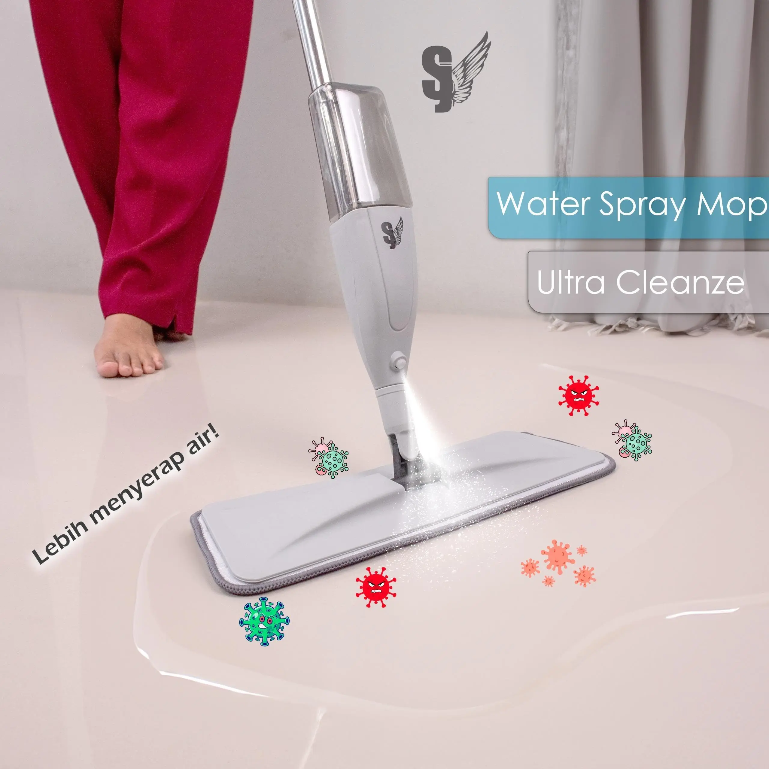 Spray Mop Otomatis Water Tank 0.35L Microfiber Kain microfiber dengan Plastik Gagang - Putih/Biru/Abu Pel lantai portble plastik premium tidak memakan tempat