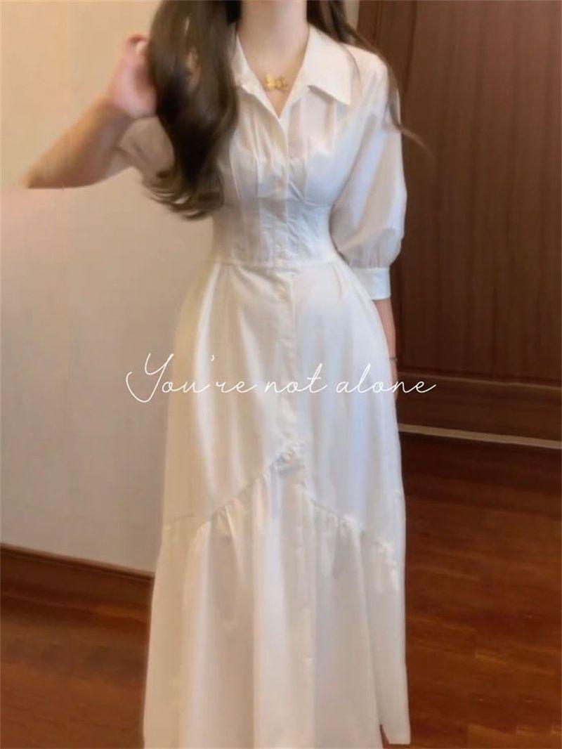 Product Introduction of Váy Sơ Mi Trắng Cổ Cao Cấp Kiểu Pháp, Váy Dài Chữ A, Dành Cho Nữ, Eo Khóa, Trang Phục Nữ 13
