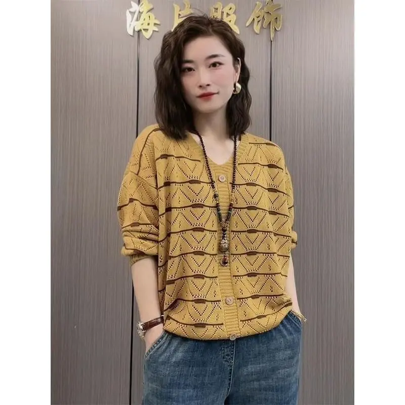 Áo Len Mỏng, Thiết Kế khoét Dáng Rộng Vừa Vặn, Dành Cho Nữ, Thời Trang Mới Mùa Xuân Và Mùa Hè, Dễ Phối Đồ, Dài Tay, Áo Cổ Chữ V 1