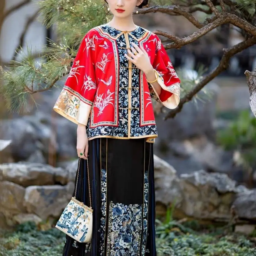 Quần Áo Nữ Triều Thanh, Quần Áo Han Chính Hãng, Thiết Kế Gege Triều Thanh, Cổ Tròn, Váy Mặt Ngựa, In Công Nghiệp Nặng