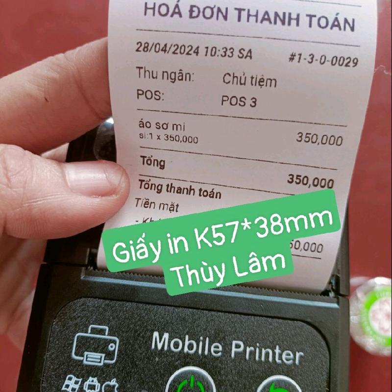 K57*38mm 10 cuộn Giấy in bill K57*38mm dùng cho máy in K57 và các máy pos quẹt thẻ. Giấy không bóc dán