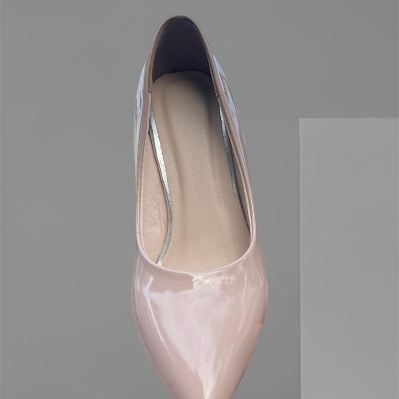 Giày Nữ Da Bóng Mũi Nhọn Cổ Tròn 2 Màu Trắng Kem Gót vuông Cao 3,5,7,9 Phân Đế Cao PU Shoes 3