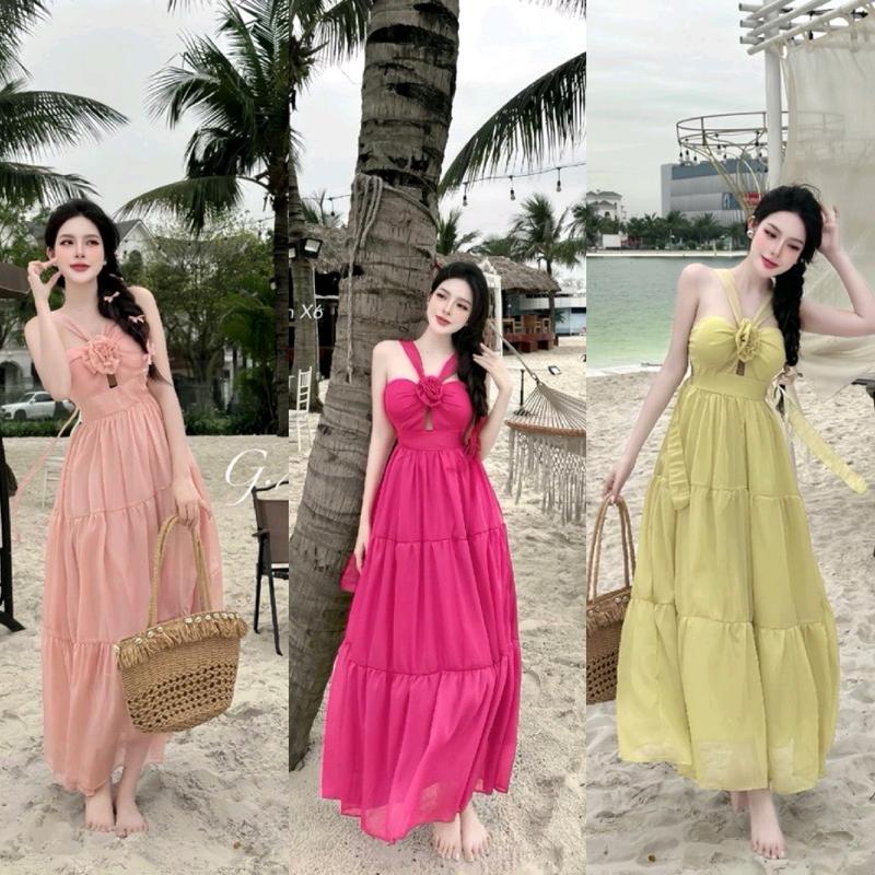 ĐẦM MAXI VOAN TƠ CỔ YẾM ĐI BIỂN ĐÍNH HOA TÔN DÁNG THƯỚT THA