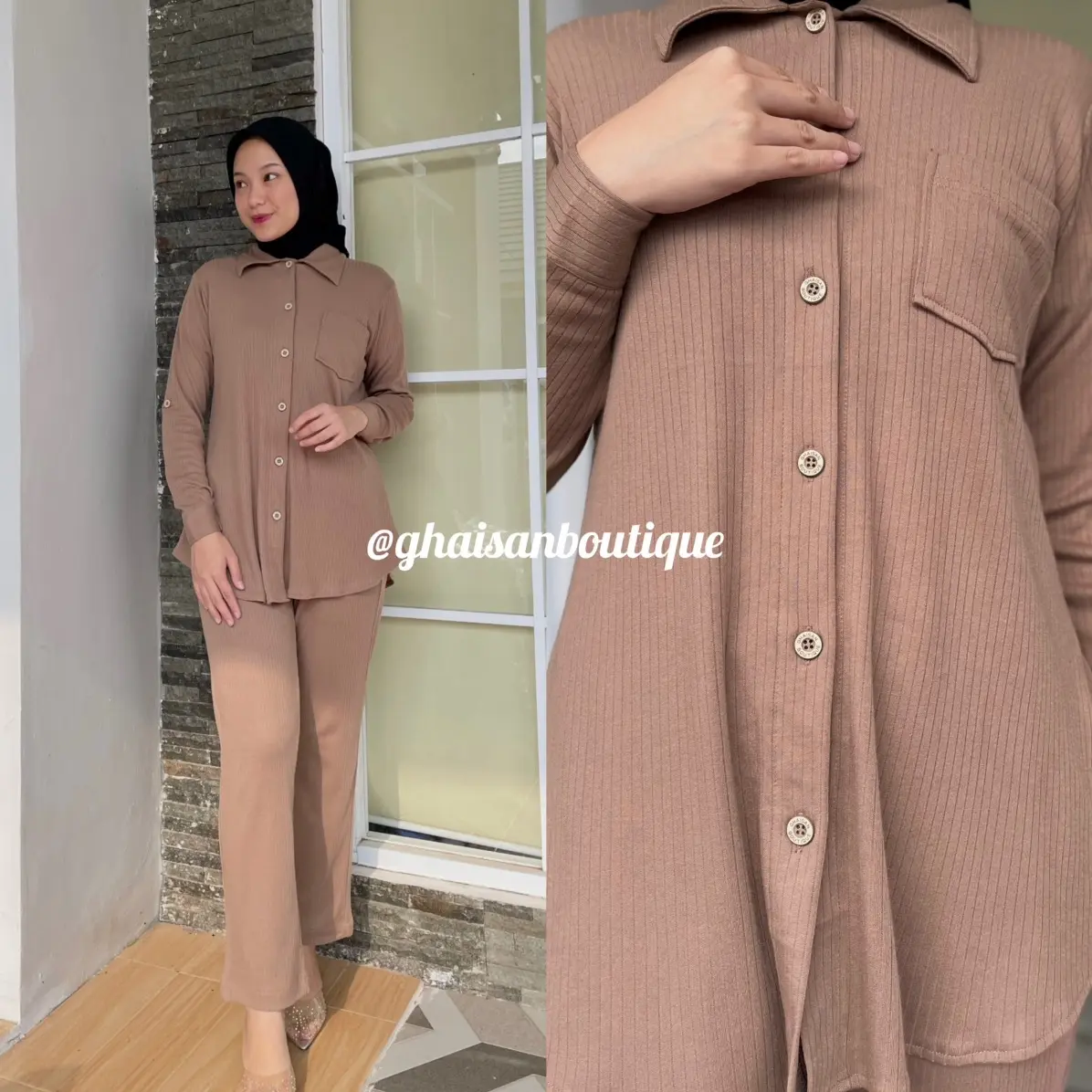 Nura One Set - Setelan / Satu Set Baju Atasan Kancing dan Celana Standar Knit Salur by Ghaisanboutique