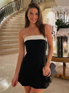 Vestido tubo sin mangas sin tirantes de bloque de color para mujer, color de contraste fuera del hombro, sin espalda, paquete de vacaciones, vestidos cortos mini para primavera y verano