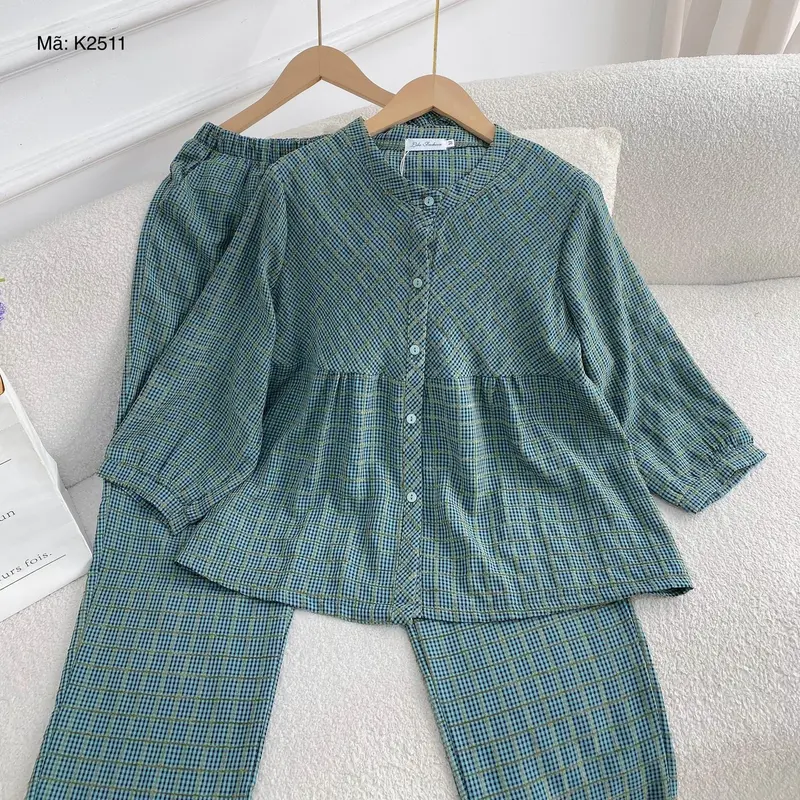 Bộ quần áo kẻ caro - K2511,pijama nữ đồ mặc nhà Lila dáng babydoll cổ tàu chất thô cotton, mềm mịn,thoáng mát 7