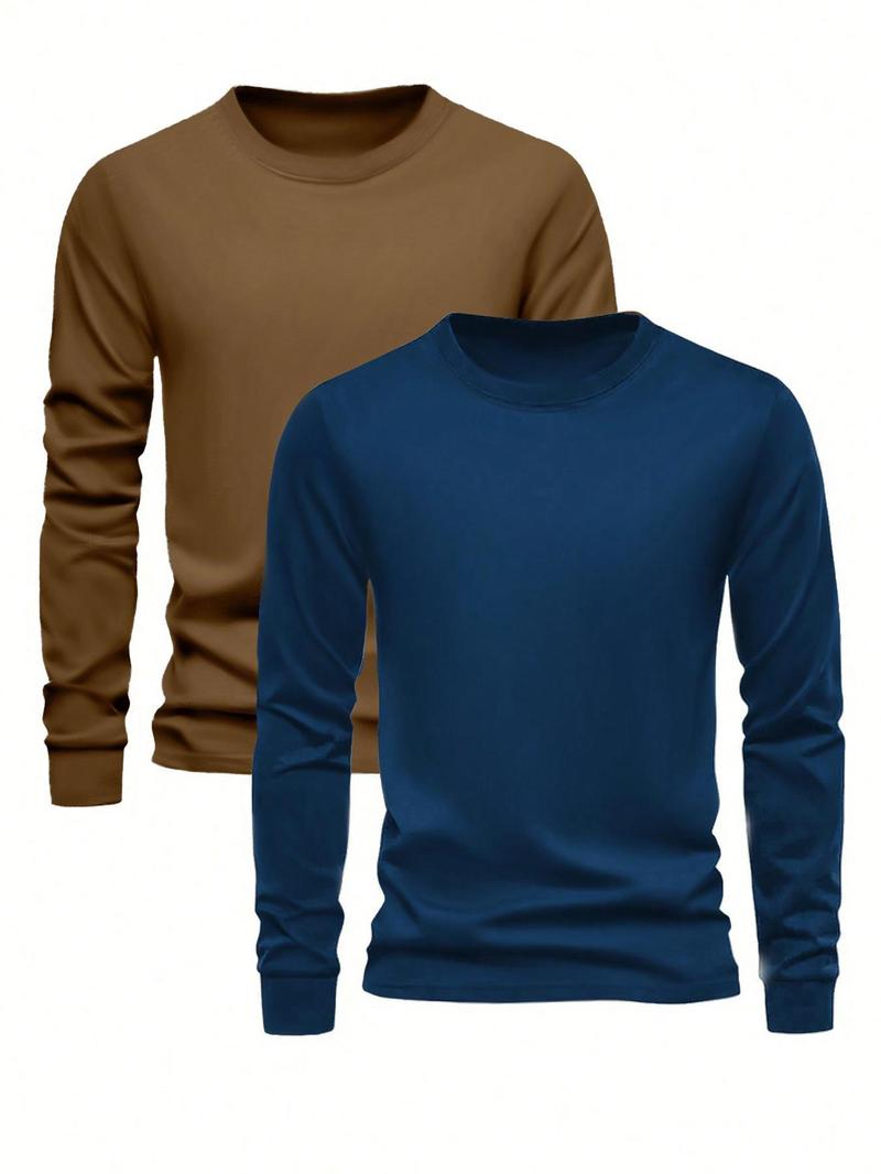 Product Introduction of 【Plus Size】 Men's Solid Long Sleeve Tee, Casual Basic Round Neck T-shirt for Fall & Winter, Men's Top for Daily Wear 1