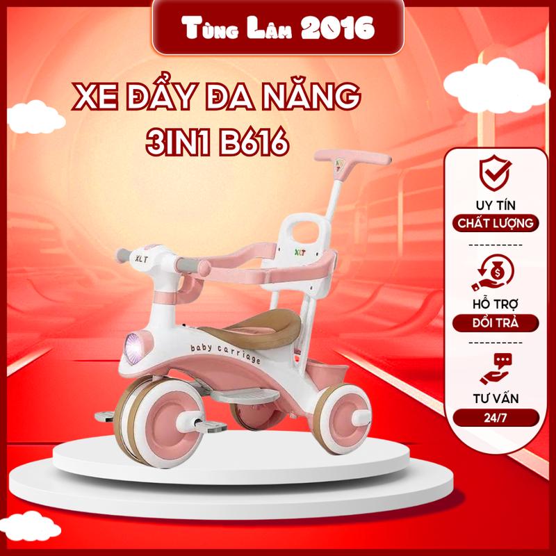 Xe đẩy ba bánh cho trẻ em 3 in1 kiêm xe chòi chân có nhạc có đèn có khung bảo vệ an toàn cho bé (B616) Đồ Chơi