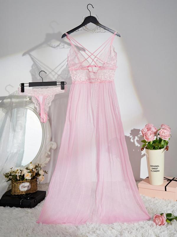 Women's Sheer Criss Cross Cami Nightdress & Scallop Trim Thong PJ Set, Breathable Split Lace Nightgown & Panty, Women's Loungewear For Summer, Summer Clothes Women 7