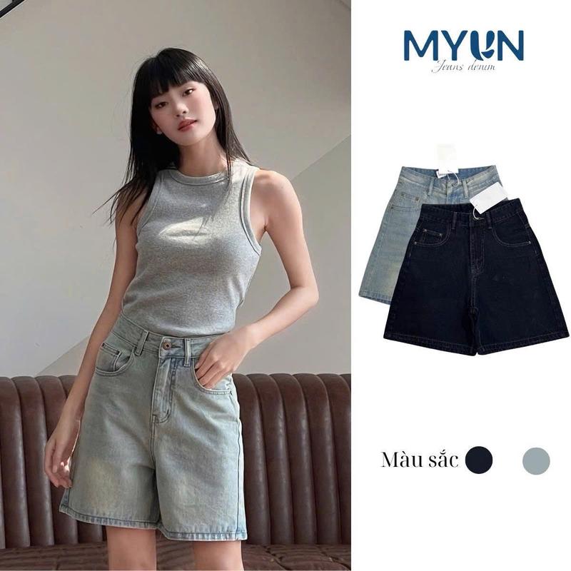MYUN - Quần ngố Jean Nữ ống rộng cạp cao, dáng lửng quần bò chất denim Cotton màu trendy JN0001