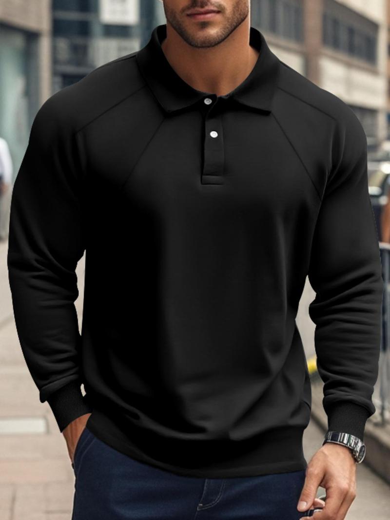 Product Introduction of Men's Solid Raglan Sleeve Polo Shirt, Regular Fit Casual Long Sleeve Collared Top for Fall & Winter, Men's Clothes for Daily Wear, Clothing 3