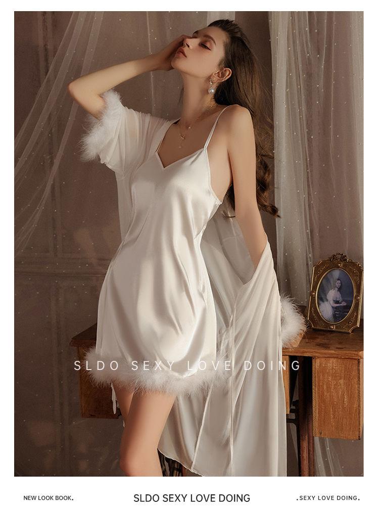 Product Introduction of High Quality in Stock-Limited Offer Sldo Flagship Store French Advanced Sense Long Sleeve Nightgown White Feather Princess Loose Sexy Morning Gowns-TK Hot Sale Quality Certification Womenswear Loungewear Original Nightwear 26