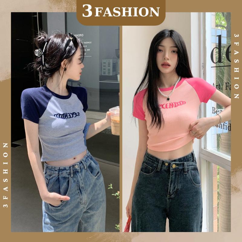 Áo croptop nữ ôm body có bigsize, áo raplan HÀNG CHUẨN LOẠI THÊU CHỮ vải thun gân tăm đẹp mềm mịn- 3Fashion A46 Cổ Tròn Nữ Women