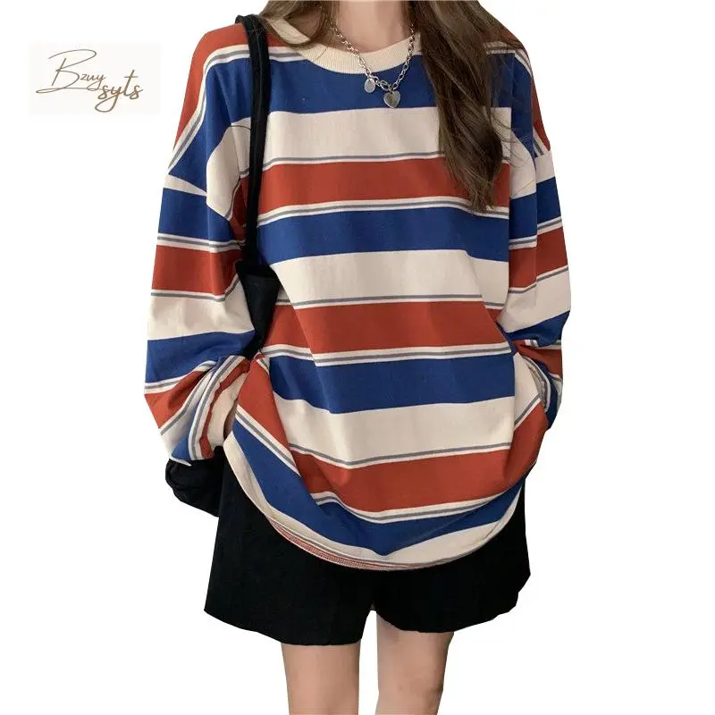 Women’s Casual Long Sleeve T-shirt Fashion Stripe Printing Round Neck Loose Pullover Tops