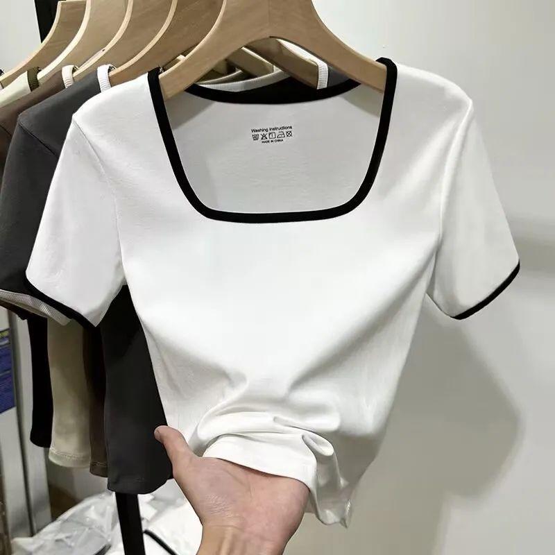 Product Introduction of Large Size Women's Korean-Style U-Collar Shoulder Striped Short-Sleeved T-shirt Women's Summer Fat Sister Versatile Belly Covering Short Top 6