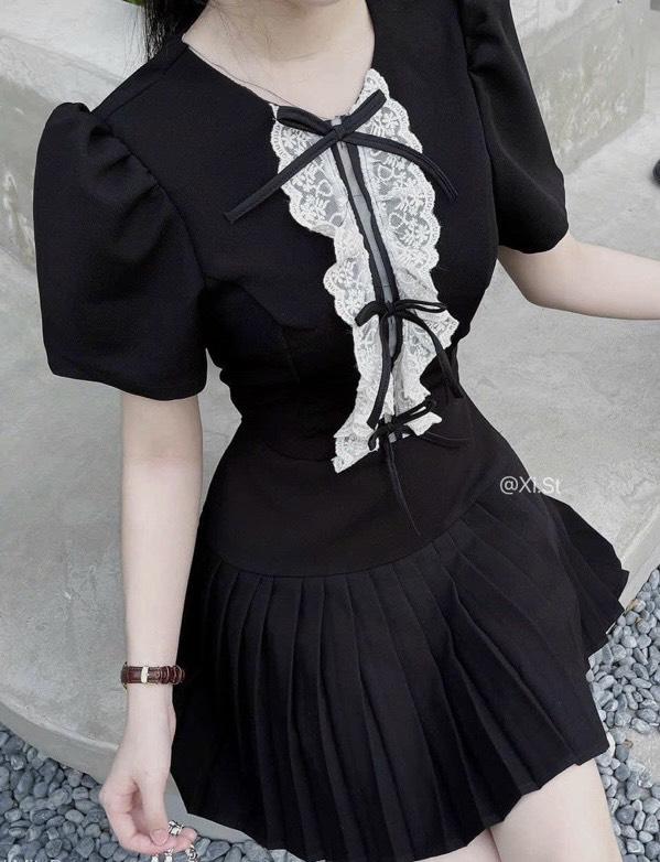 Váy tuyết mưa xếp li phối trước kèm nơ dáng ôm xinh lắm Nữ Women Kem Dress Màu Đen 7