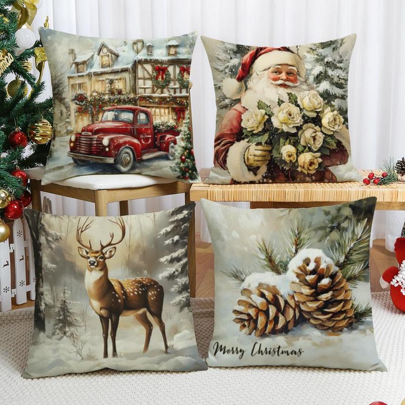 Product Introduction of Christmas Themed Pillow Case, 4 Counts/set Santa Claus & Animal Pattern Cushion Cover without Filler, Square Pillow Cover for Home Decor 0