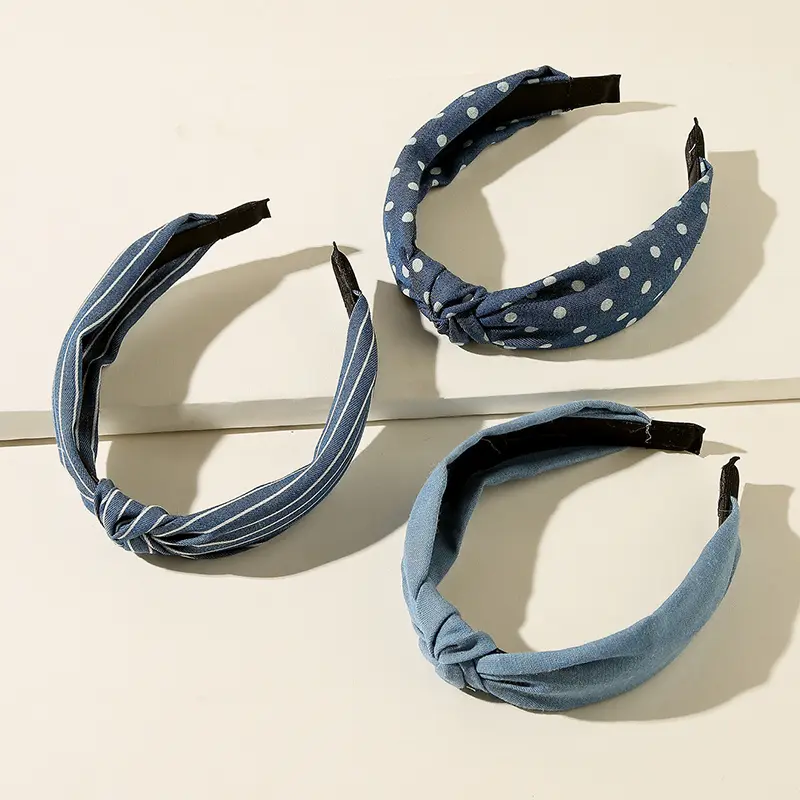 3pcs Denim Striped Dot Headband Women's Fashion Simple Blue Hair Accessories 1