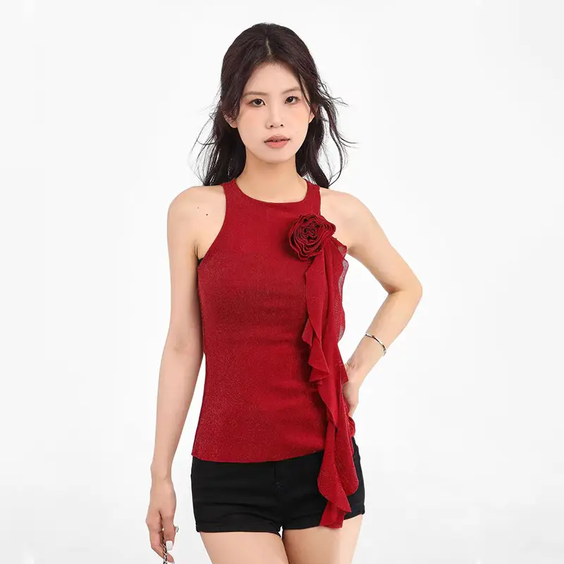 Women's Knitted Tank Tops 3D Flower Ribbon Round Neck Summer Ribbed Sleeveless Shirts Light Polyester
