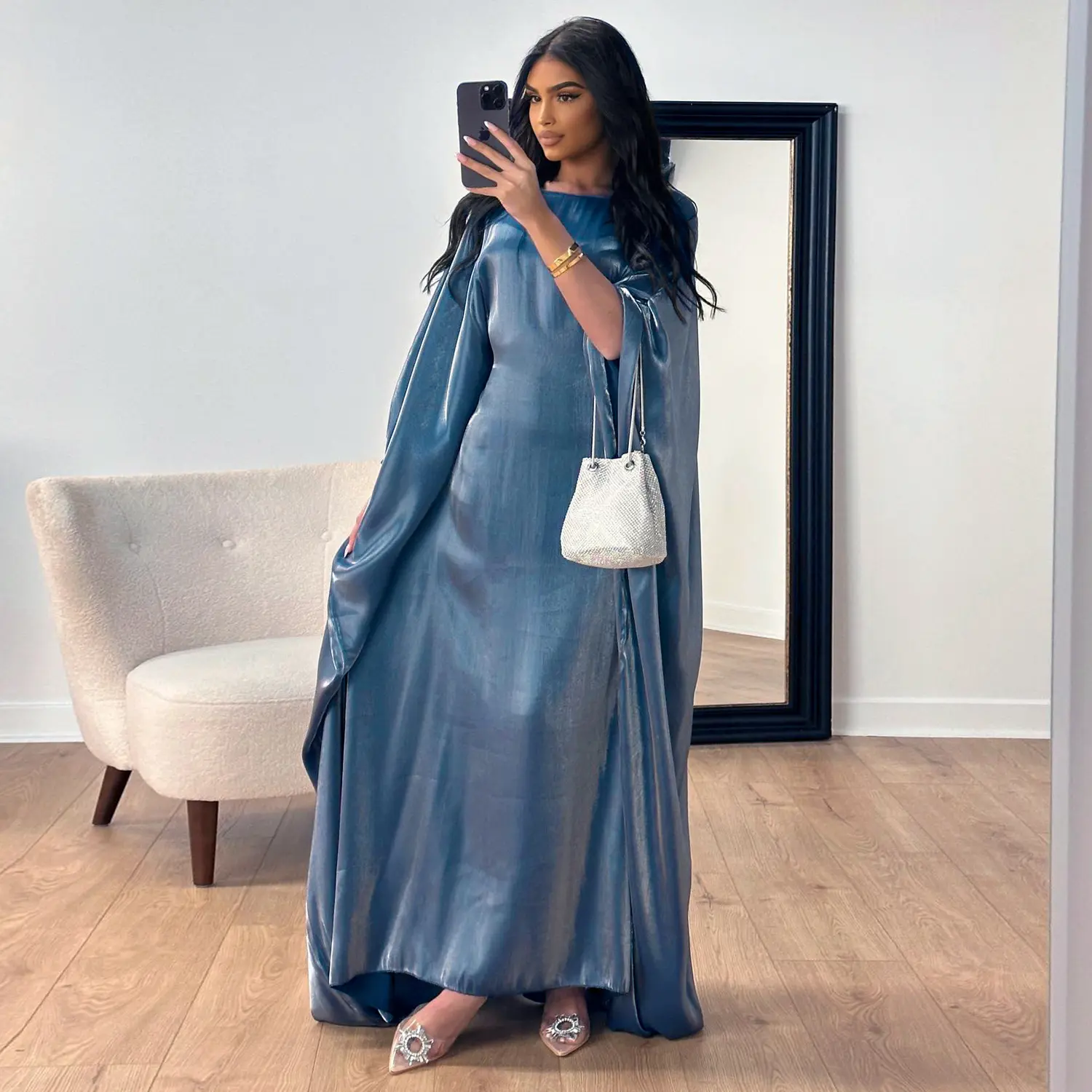 Batwing butterfly sleeve satin khimar abaya Dubai Muslim Maxi Dress Kaftan abayas for women kebaya caftan robe femme vestidos