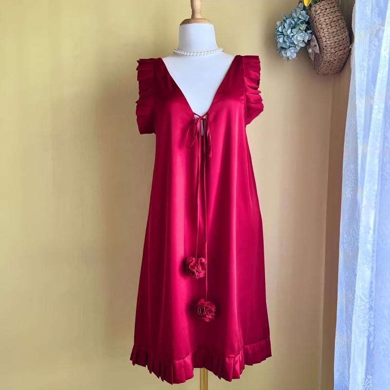 Đầm Ngủ Mặc Nhà Nữ Cổ Chữ V Cùng Dây Nơ Kết Bông Tròn Làm Thủ Công, Form Dáng Chữ A, Chất Liệu Lụa Trơn Mịn VN03  Women Dress váy vây 1