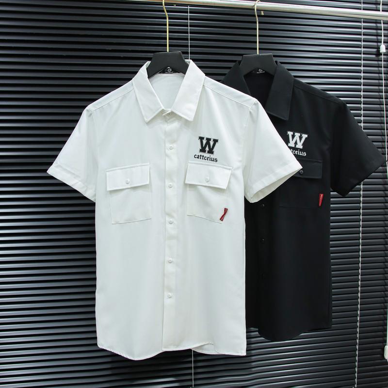 Áo sơ mi cộc tay nam chất vải lụa mango dày dặn thêu logo phối túi hộp màu trắng đen cao cấp-HẢI ĐĂNG STORE Menswear Có Cổ Shirt Kate Cổ Tròn