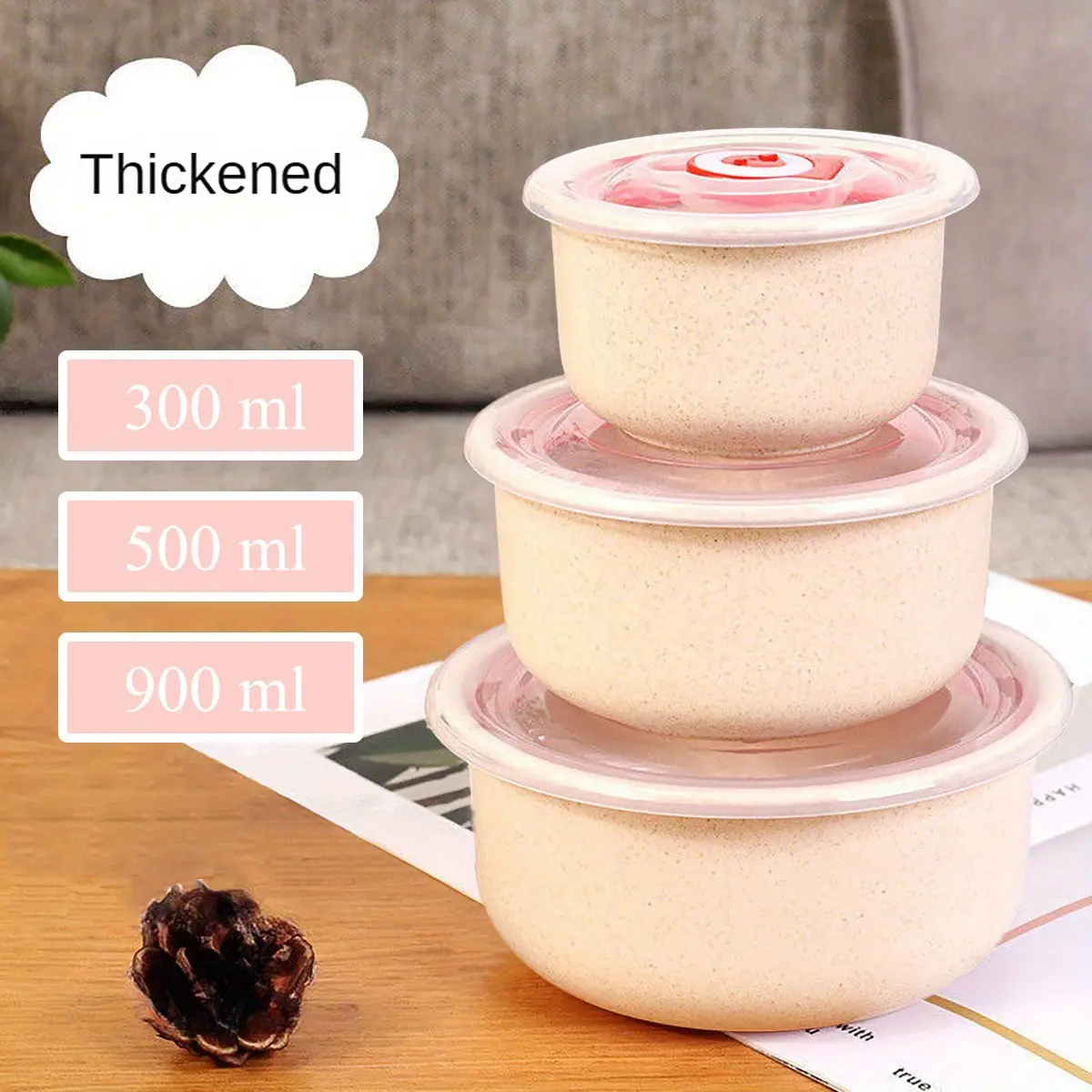 Wheat Straw Round Storage Bowl with Lid, Microwave Safe, Refrigeration, Portable Food Storage, Food-Grade Plastic Fresh-keeping Box Containers Kitchen