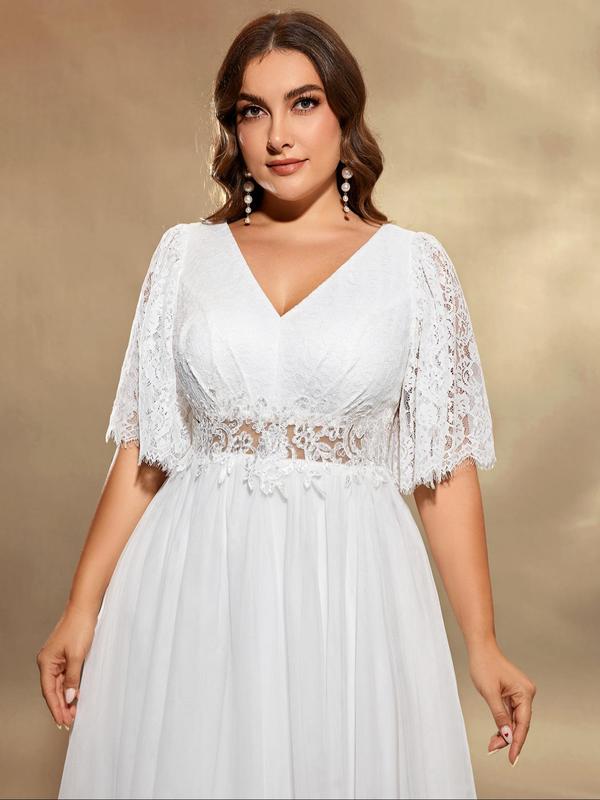 Plus Size Plain Contrast Lace Sequin V Neck Tulle Wedding Dress, Elegant Butterfly Sleeve Maxi Dress for Wedding Party, Women's Summer Clothes 5