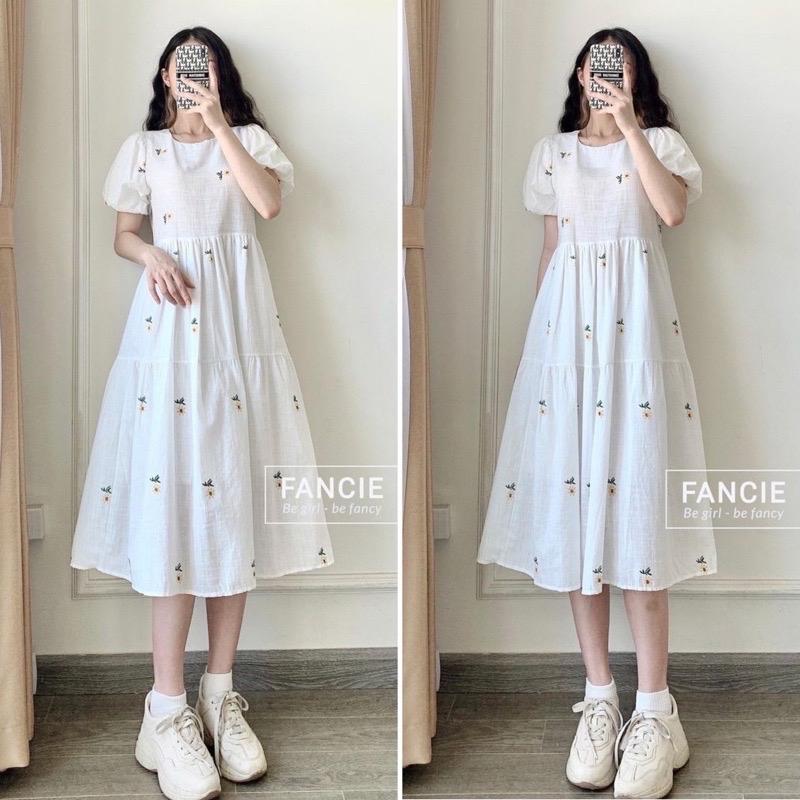 Đầm váy babydoll hoa cúc nhí cổ tròn (trơn không cúc cài áo)