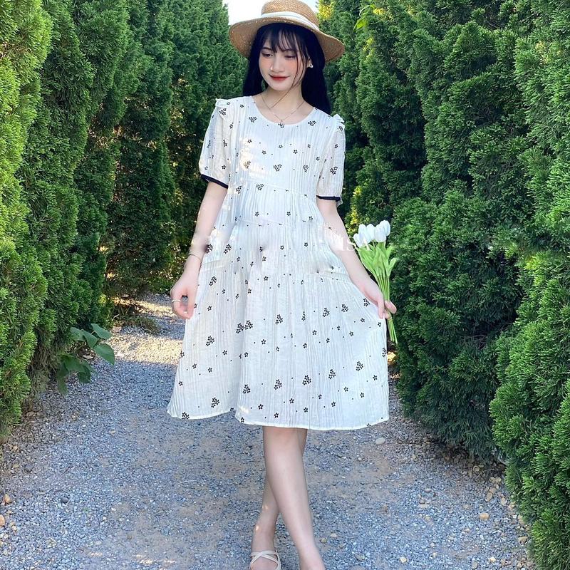 Váy bầu , đầm bầu baby doll hoa nhí đen chất tơ đũi 2 lớp siêu xinh , siêu mát