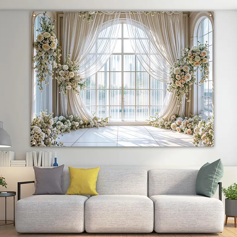 Wedding Themed Backdrop, 1 Count Flower & Curtain Pattern Backdrop, Decorative Banner for Photography Studio, Living Room & Bedroom Celebration 5