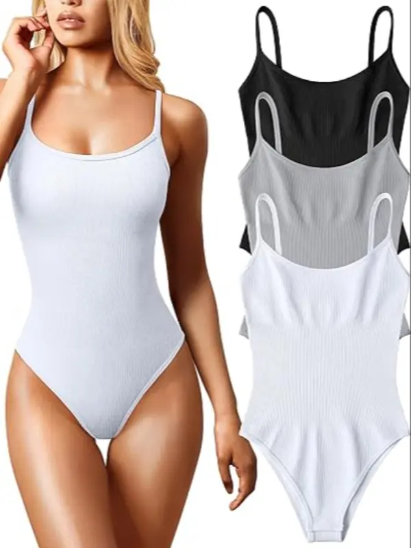 Sporty Women's Plain Button Adjustable Strap Cami Sports Skinny Bodysuit, Casual Sport High Stretch Tight-Fitting Sleeveless Bodysuit for Yoga Gym Workout, Ladies Sportswear for All Seasons Womenswear Tops Slim 2